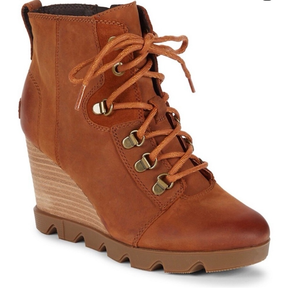 Sorel Brown Lace-Up Wedge Boots Leather